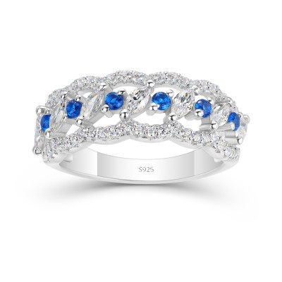 Marquise Round White and Blue Sapphire 925 Sterling Silver Women's Band