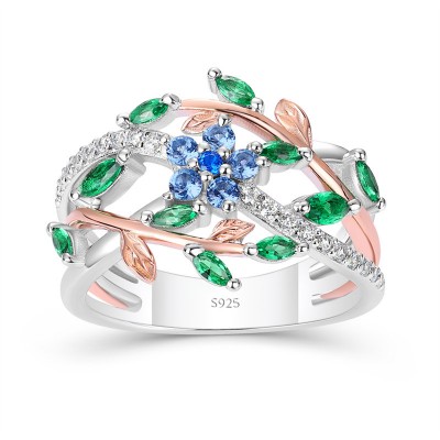 Round Cut Blue Sapphire 925 Sterling Silver Two Tone Olive Leaf Women's Ring