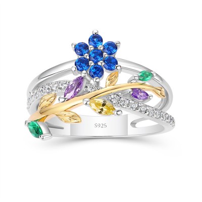 Two Tone Round Cut Blue Sapphire 925 Sterling Silver Leaf Women's Ring