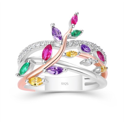 Multicolor 925 Sterling Silver Two Tone Leaf Women's Band
