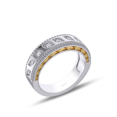 Round Cut White Sapphire 925 Sterling Silver Two Tone Leaf Women's Band