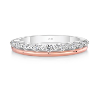 Round Cut White Sapphire 925 Sterling Silver Two Tone Women's Band