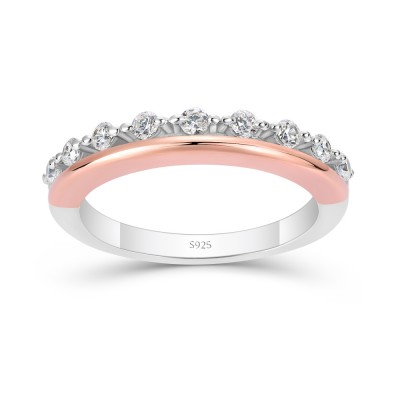 Round Cut White Sapphire 925 Sterling Silver Two Tone Women's Band