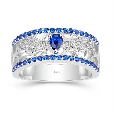 Pear Cut Blue Sapphire 925 Sterling Silver Bat Women's Band