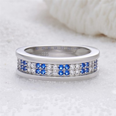 Round Cut White and Blue Sapphire 925 Sterling Silver Men's Wedding Band