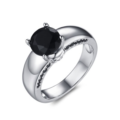 Round Cut Black Gemstone Sterling Silver Women's Ring