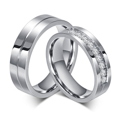 Titanium Steel Round Cut Gemstone Promise Ring for Couples