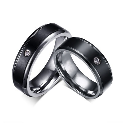 Black Titanium Steel Round Cut Gemston Promise Ring for Couples