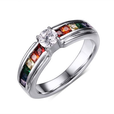 Rainbow Colorful Gemstone Silver Titanium Steel Women's Engagement Ring