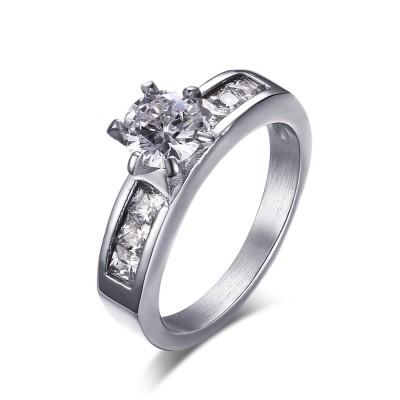 Round Cut Gemstone Silver Titanium Steel Women's Engagement Ring