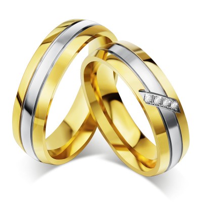 Round Cut White Sapphire Gold and Silver Titanium Steel Promise Rings for Couples