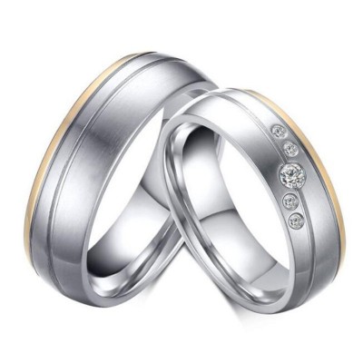 Gold & Silver Round Cut White Sapphire Titanium Steel Promise Rings for Couples