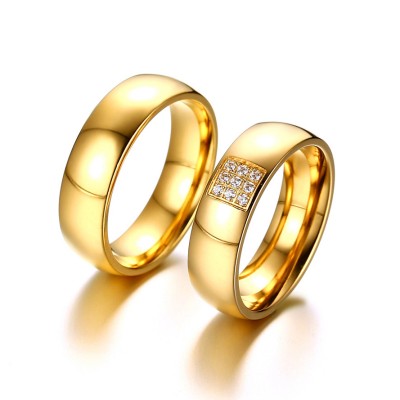 Round Cut White Sapphire Gold Titanium Steel Promise Rings for Couples