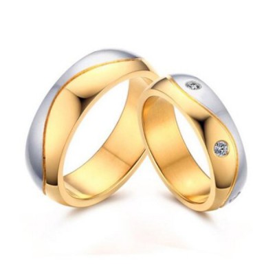 Gold & Silver Round Cut White Sapphire Titanium Steel Promise Rings for Couples