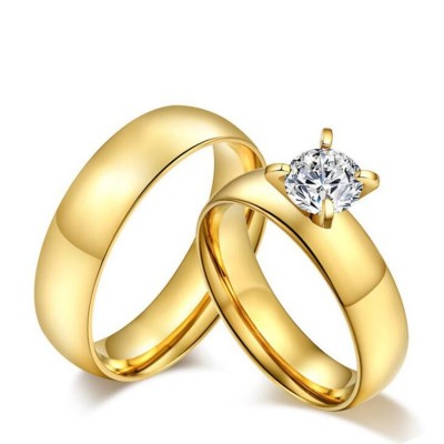 Round Cut White Sapphire Gold Titanium Steel Promise Rings for Couples