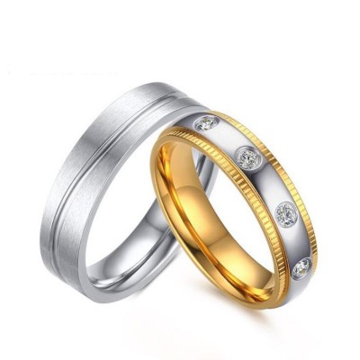 Gold & Silver White Sapphire Titanium Steel Promise Rings for Couples