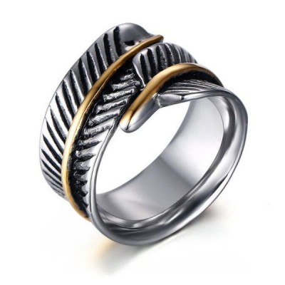 Titanium Feather Shape Silver & Gold Men's Ring