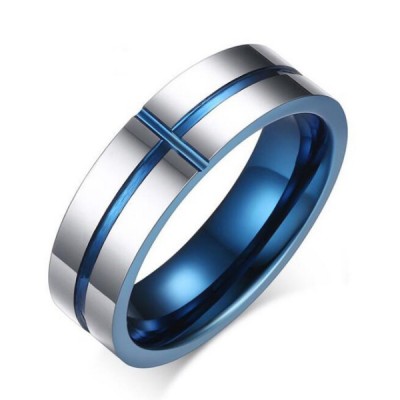 Tungsten Blue & Silver Cross Men's Ring