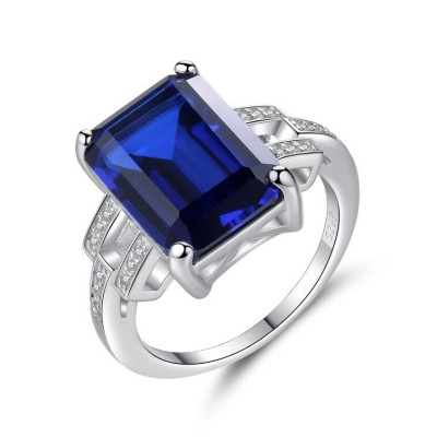 Emerald Cut Blue Sapphire & Emerald 925 Sterling Silver Promise Ring