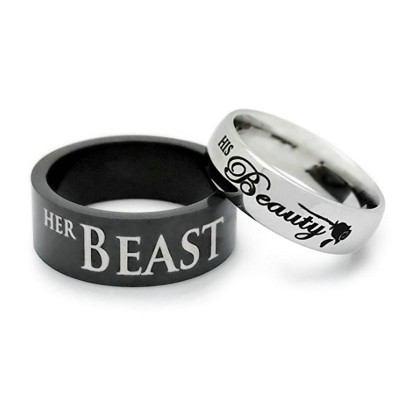 His Beauty Her Beast Black & Silver Titanium Couple Rings