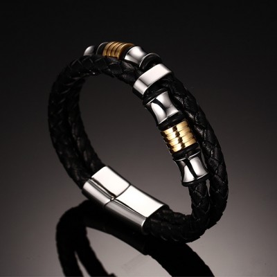 Black Leather Gold and Silver Titanium Bracelet