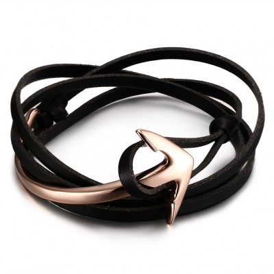 Black Leather Rose Gold Anchor 925 Sterling Silver Bracelet