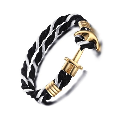 Black and White Braided Rope Gold Anchor 925 Sterling Silver Bracelet