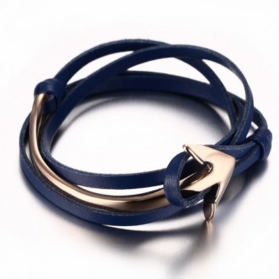 Royal Blue Leather Rose Gold Anchor 925 Sterling Silver Bracelet