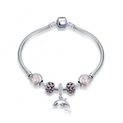 Pink Hearts Flower Dolphin Pendant S925 Silver Bracelets