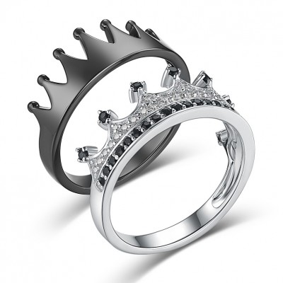 'His Queen Her King' Crown Black and Silver 925 Sterling Silver Couple Promise Rings