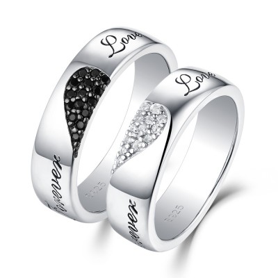 "Forever Love" Hearts Together White and Black Sapphire s925 Silver Couple Rings