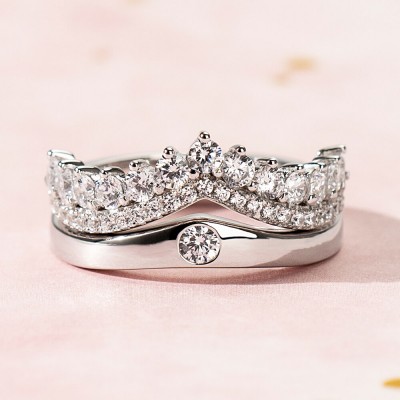 Princess Crown White Sapphire 925 Sterling Silver Promise Ring for Couples