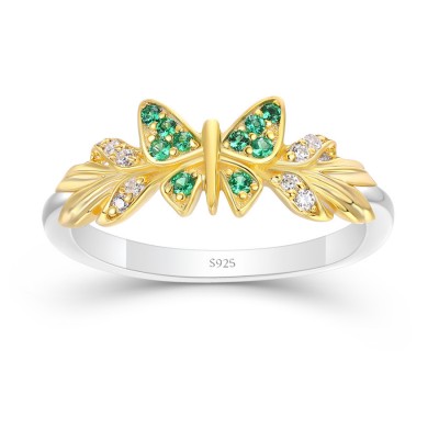 Gold Butterfly Emerald 925 Sterling Silver Ring for Women