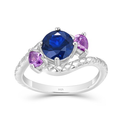 Round Cut Blue Sapphire 925 Sterling Silver 3-Stone Engagement Ring
