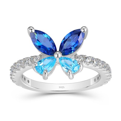 Dainty Blue Sapphire and Aquamarine 925 Sterling Silver Butterfly Ring