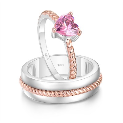 Heart Cut Pink Sapphire 925 Sterling Silver Two-Tone Twisted Rope Couple Rings