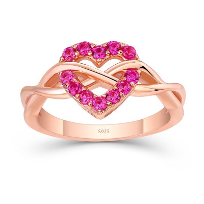 Rose Gold Round Cut Ruby 925 Sterling Silver Heart Promise Ring