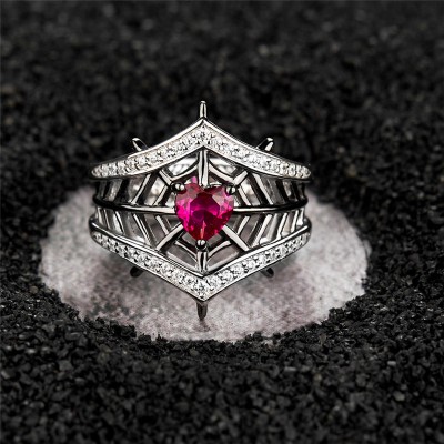 Halloween Heart Cut Ruby 925 Sterling Silver Spider Web Ring