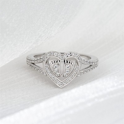 Round Cut White Sapphire 925 Sterling Silver Heart Shape Footprint Mom Ring