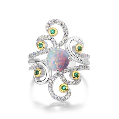 Art Deco Round Cut Opal 925 Sterling Silver Cocktail Ring