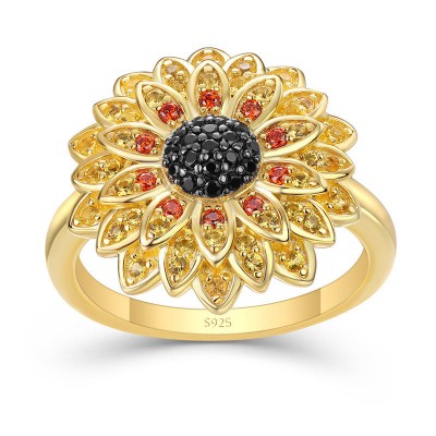 Yellow Gold Black Sapphire 925 Sterling Silver Daisy Flower Cocktail Ring