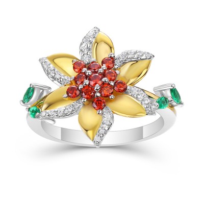 Two Tone Round Cut Ruby 925 Sterling Silver Lily Cocktail Ring