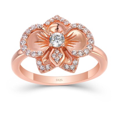 Rose Gold Round Cut White Sapphire 925 Sterling Silver Orchid Ring