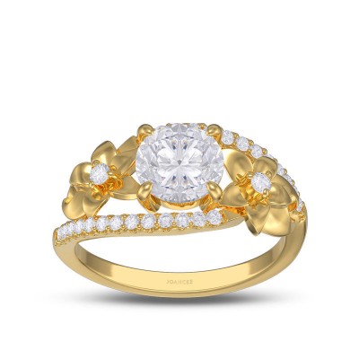 Yellow Gold Round Cut White Sapphire 925 Sterling Silver Flower Engagement Ring