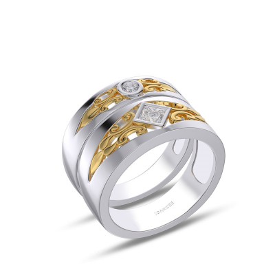 White Sapphire 925 Sterling Silver Two Tone Couple Rings