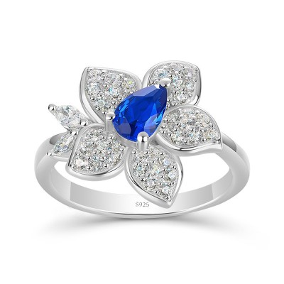 Pear Cut Blue Sapphire 925 Sterling Silver Flower Cocktail Ring
