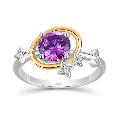 Round Cut Amethyst 925 Sterling Silver Two Tone Moon and Star Ring