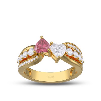 Yellow Gold Heart Cut Ruby and White Sapphire 925 Sterling Silver Toi et Moi Promise Ring