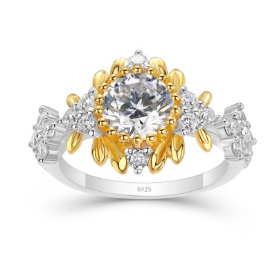 Round Cut White Sapphire 925 Sterling Silver Two Tone Flower Engagement Ring