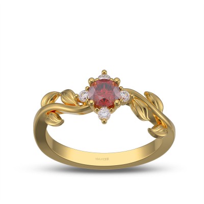 Yellow Gold Round Cut Ruby 925 Sterling Silver Leaf Engagement Ring